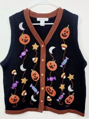 ARRIVISTE Halloween Candy Teacher Sweater Vest Sz M Pumpkins Fleece Knit